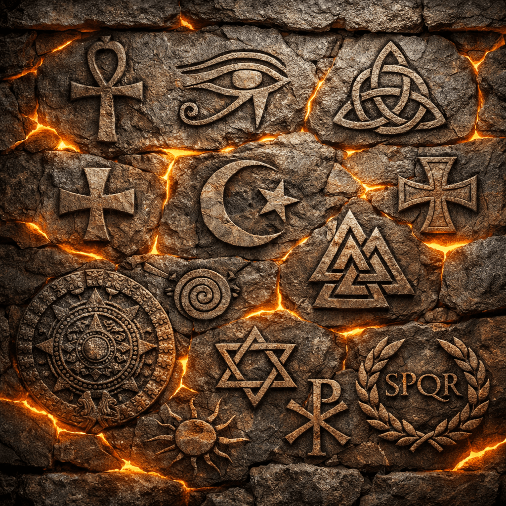 Ancient religious and cultural symbols carved in cracked stone with glowing orange cracks