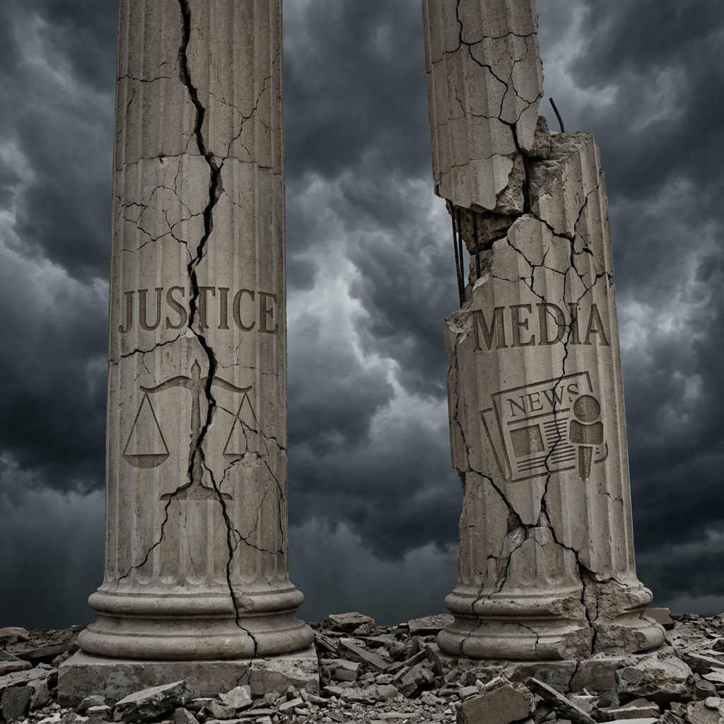 Two cracked stone pillars labeled Justice and Media with symbols of scales and news icons