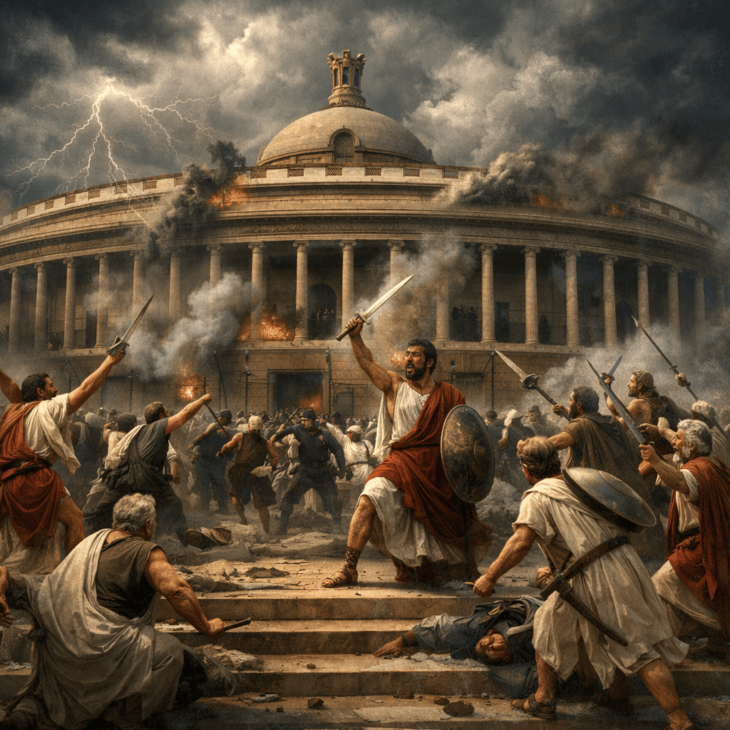 Ancient warriors in togas with swords and shields battling in front of a burning classical building with columns amid smoke and lightning