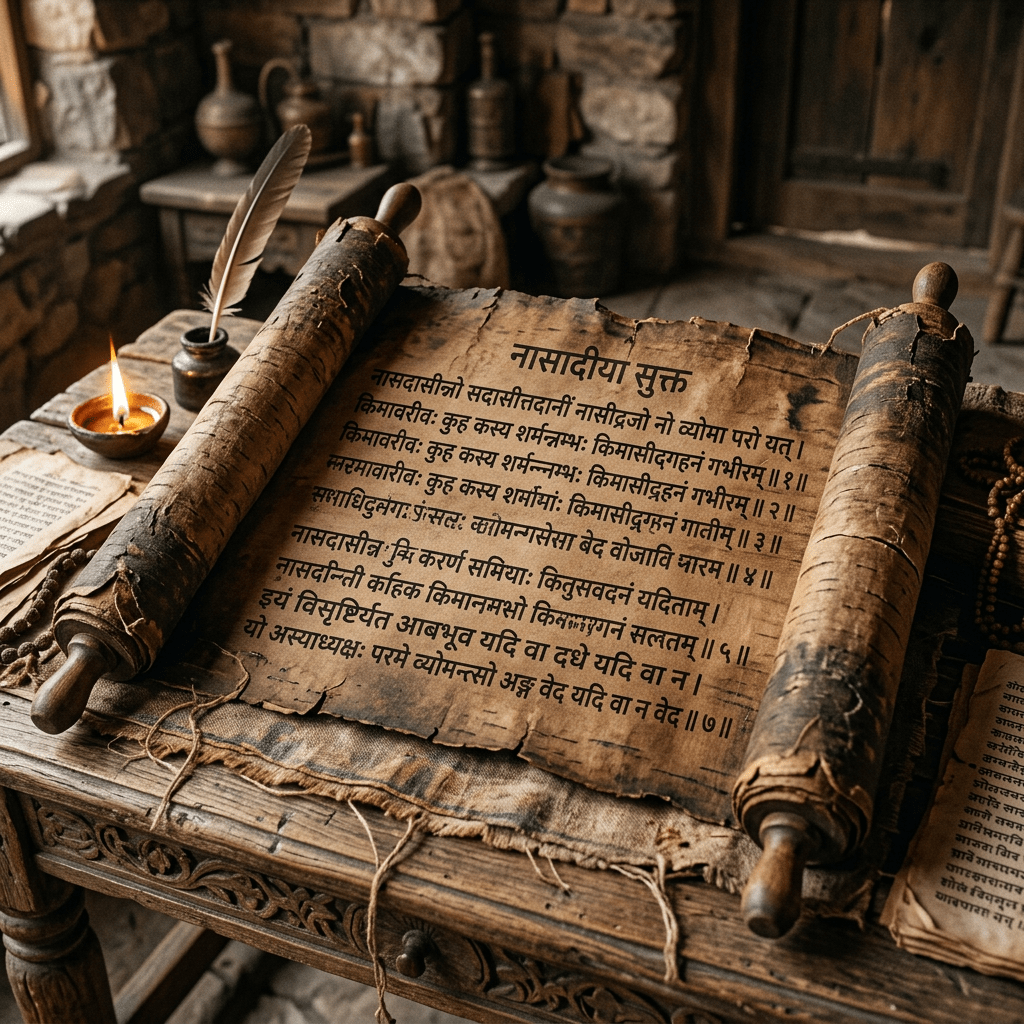 Ancient Sanskrit script on a weathered scroll spread on a wooden table with a lit oil lamp and quill nearby