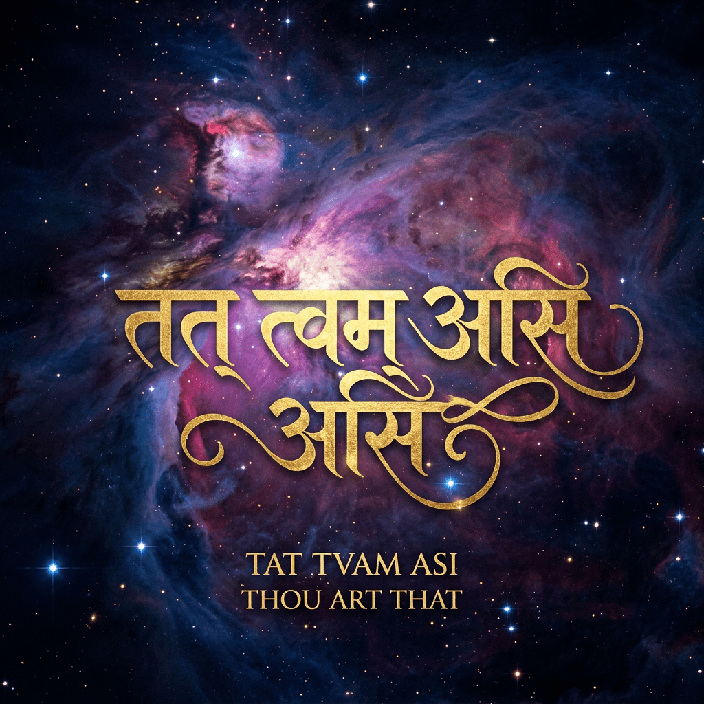 Golden Sanskrit text ‘Tat Tvam Asi’ with English translation ‘Thou Art That’ over a colorful space nebula.