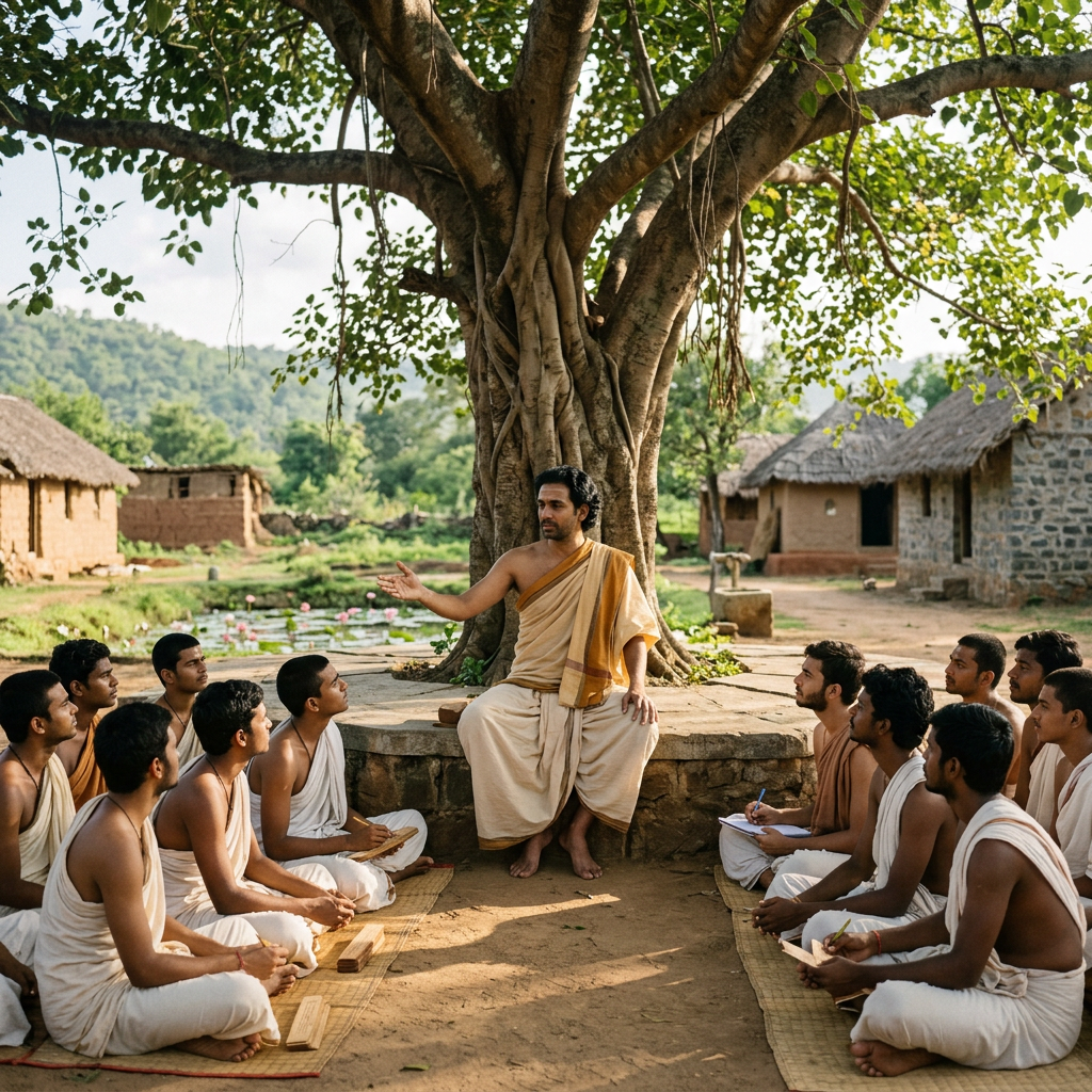 Teacher sitting under banyan tree teaching group of students in traditional attire